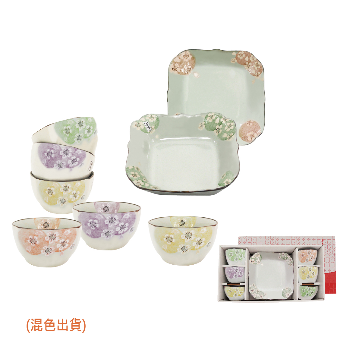 松村窯手造方口櫻花6碗+2荷口櫻花盤