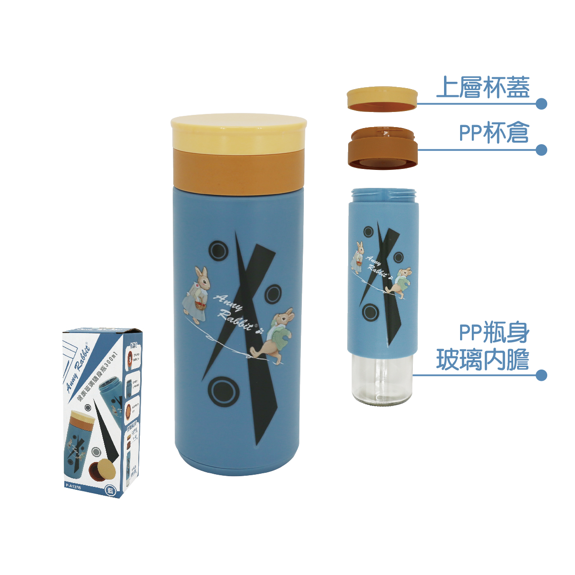 安妮兔健康玻璃隨身瓶300ml-藍