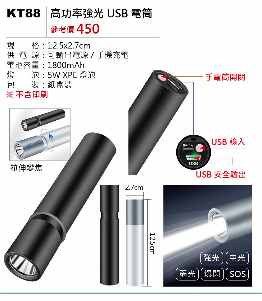 高功率強光USB手電筒