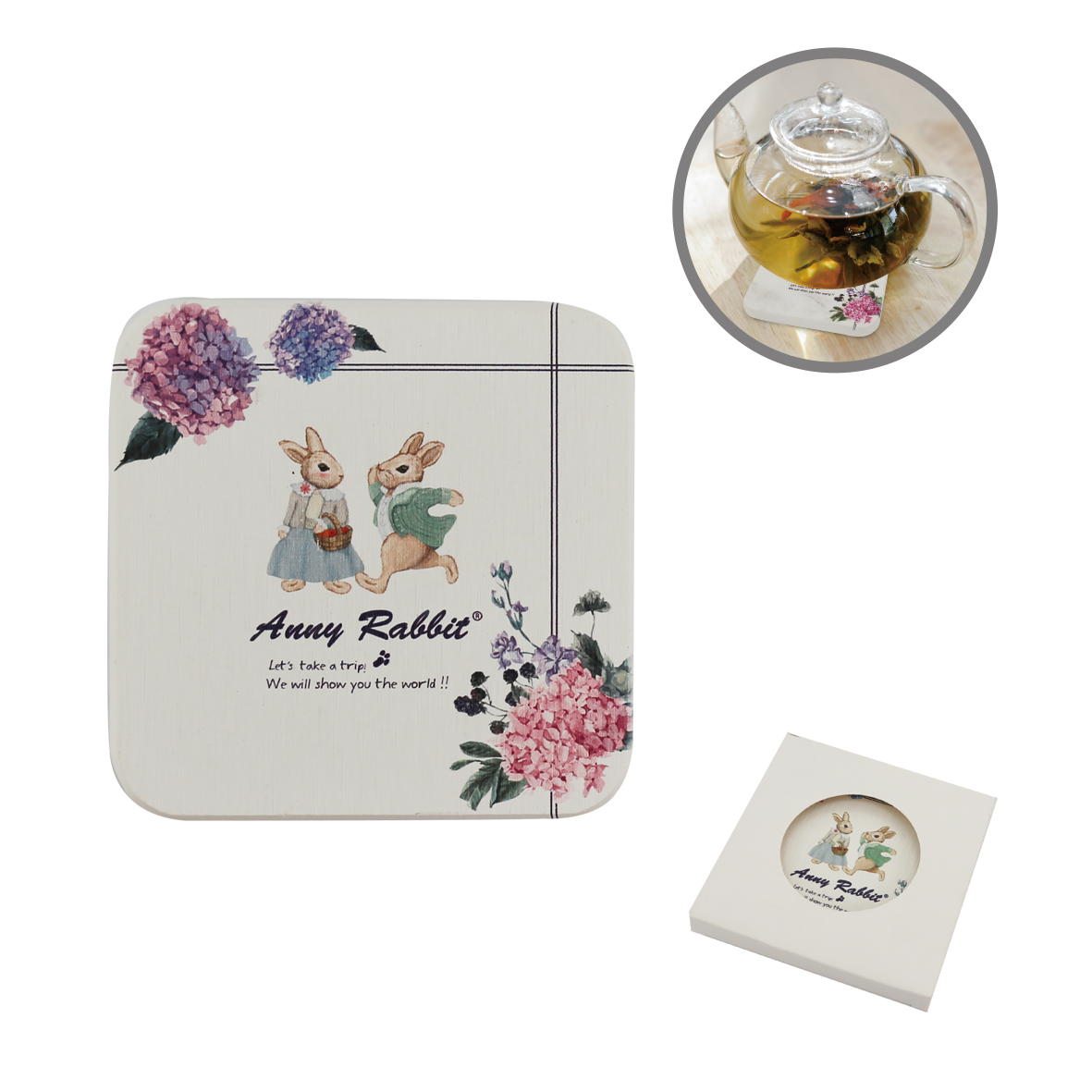 安妮兔珪藻土杯墊-繡球花