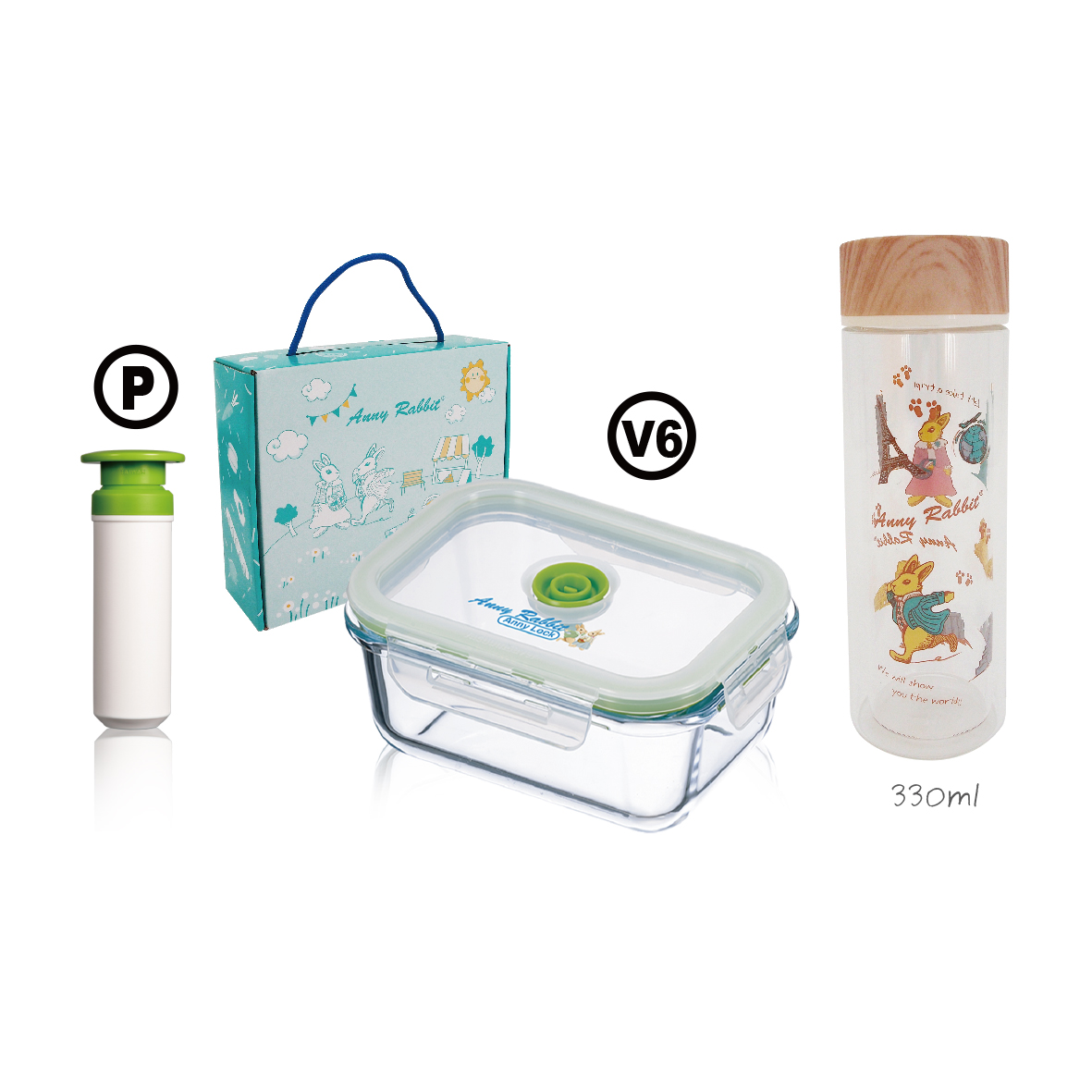 安妮兔真空640ML保鮮組+安妮兔雙層木紋玻璃瓶330ML