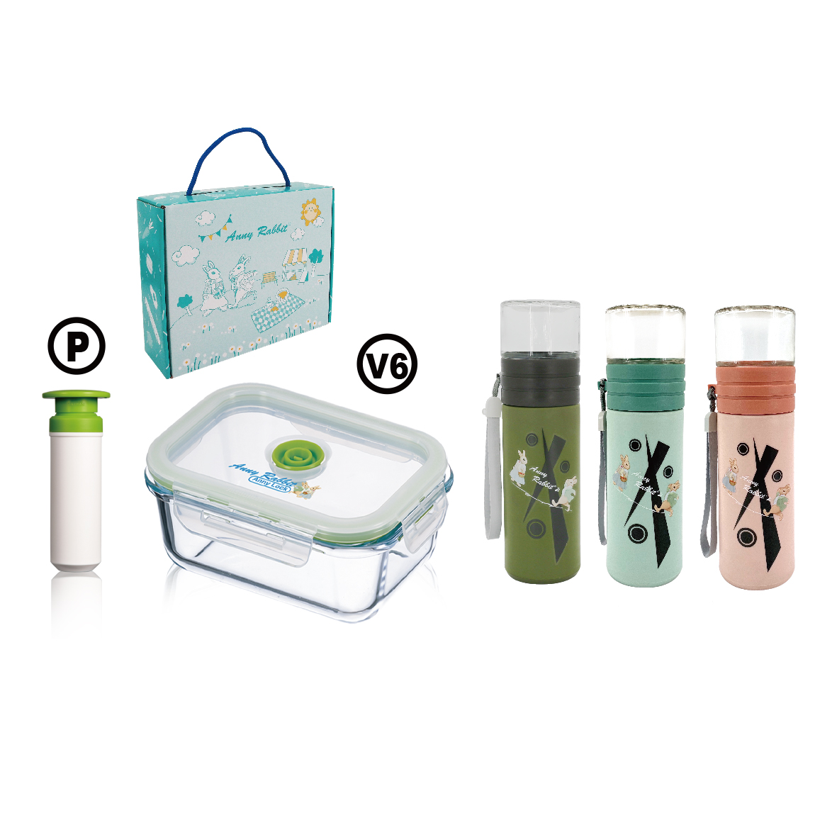 安妮兔真空640ML保鮮組+安妮兔雙層彈蓋濾網玻璃瓶330ml
