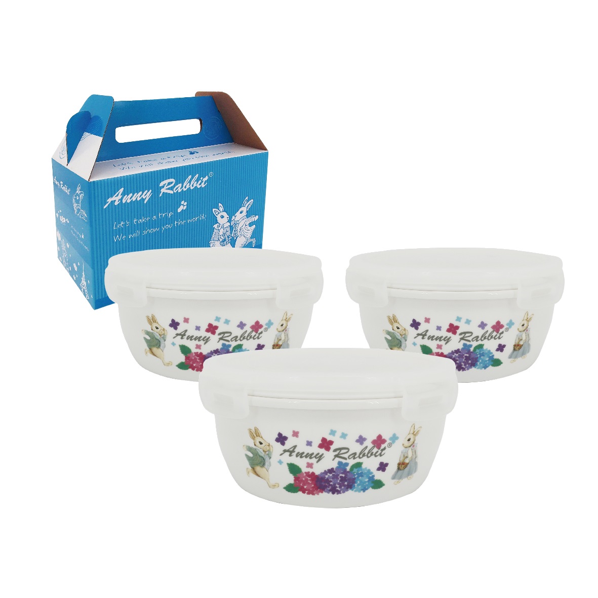 安妮兔陶瓷保鮮密扣蓋碗650ml繡球花三入禮盒